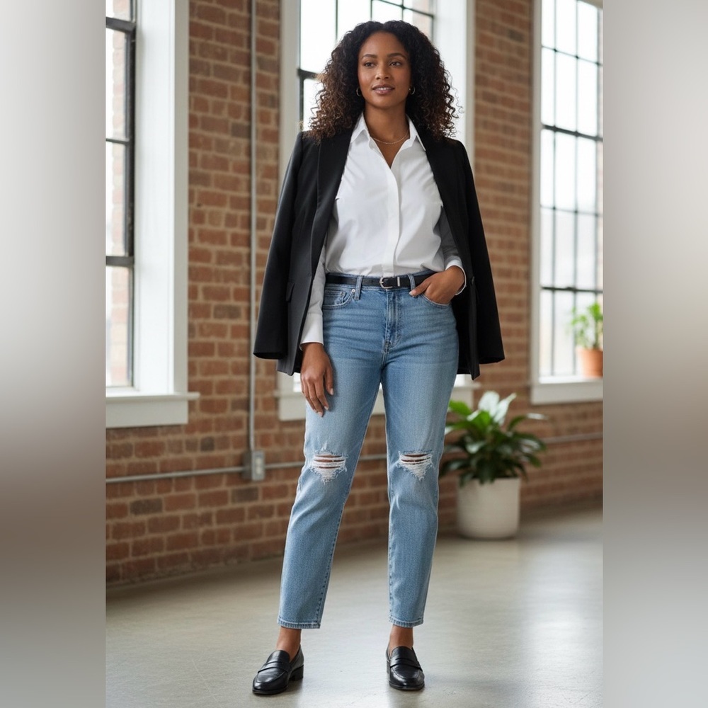 Madewell /Women’s Light Blue Distressed Straight Leg Jeans/ THE MOMJEAN /Size 27